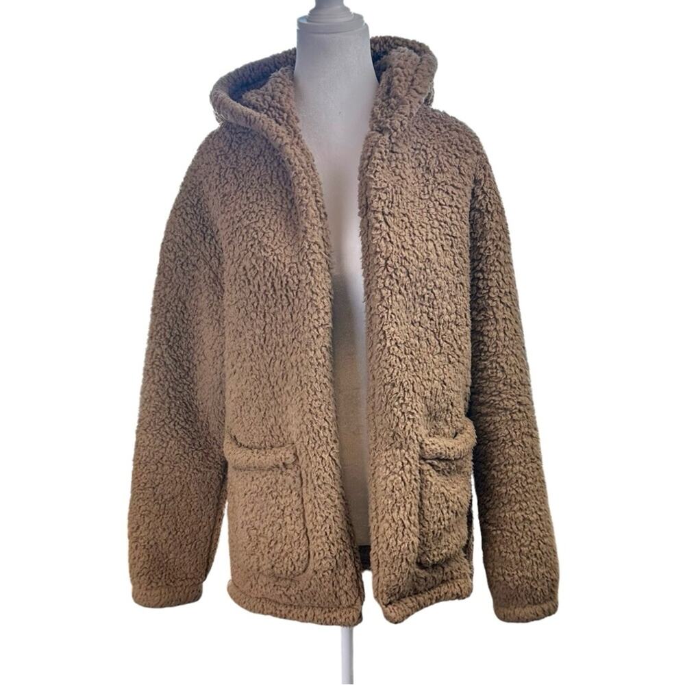 Hollister Open Front Hooded Teddy Bear Jacket Tan Size Medium Front Pockets